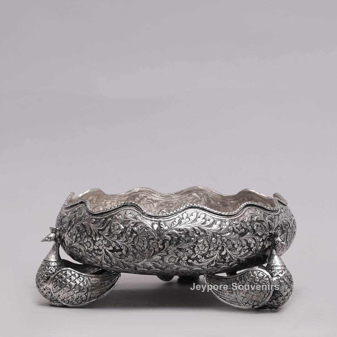 Antique Silver Finish Handcrafted German Silver Peacock Centerpiece Bowl | Luxury Decorative Fruit &amp; Floral Bowl