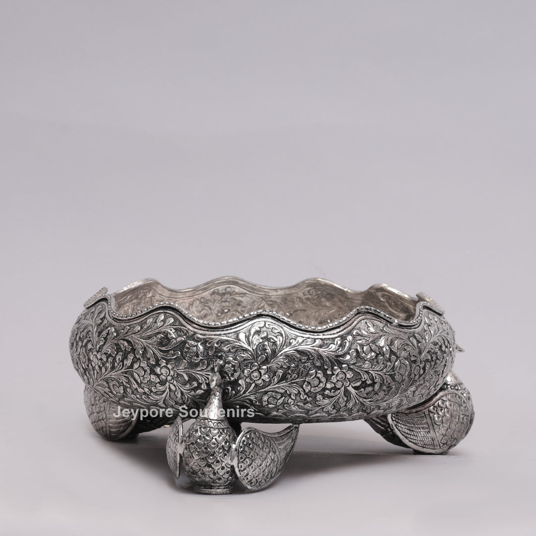 Antique Silver Finish Handcrafted German Silver Peacock Centerpiece Bowl | Luxury Decorative Fruit &amp; Floral Bowl