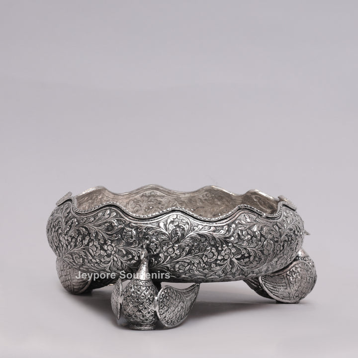 Antique Silver Finish Handcrafted German Silver Peacock Centerpiece Bowl | Luxury Decorative Fruit &amp; Floral Bowl