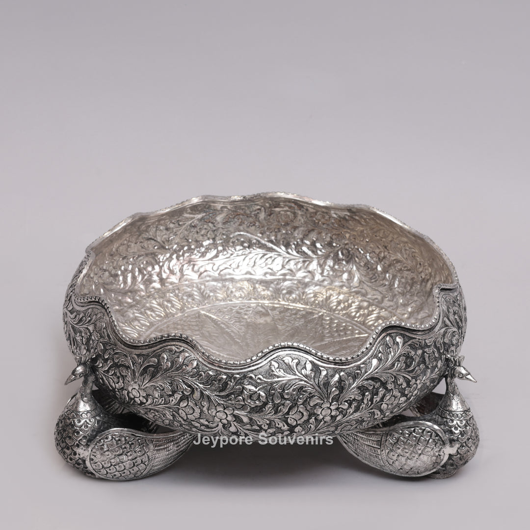 Antique Silver Finish Handcrafted German Silver Peacock Centerpiece Bowl | Luxury Decorative Fruit &amp; Floral Bowl