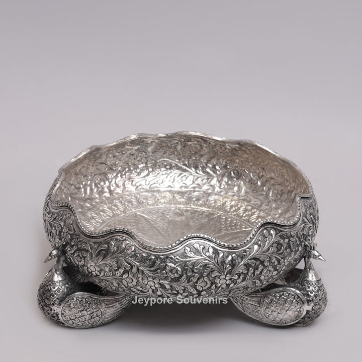 Antique Silver Finish Handcrafted German Silver Peacock Centerpiece Bowl | Luxury Decorative Fruit &amp; Floral Bowl