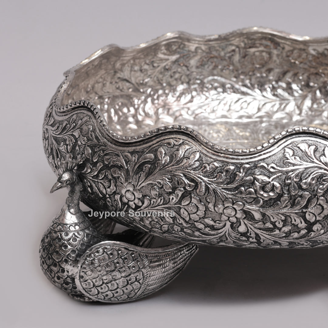 Antique Silver Finish Handcrafted German Silver Peacock Centerpiece Bowl | Luxury Decorative Fruit &amp; Floral Bowl