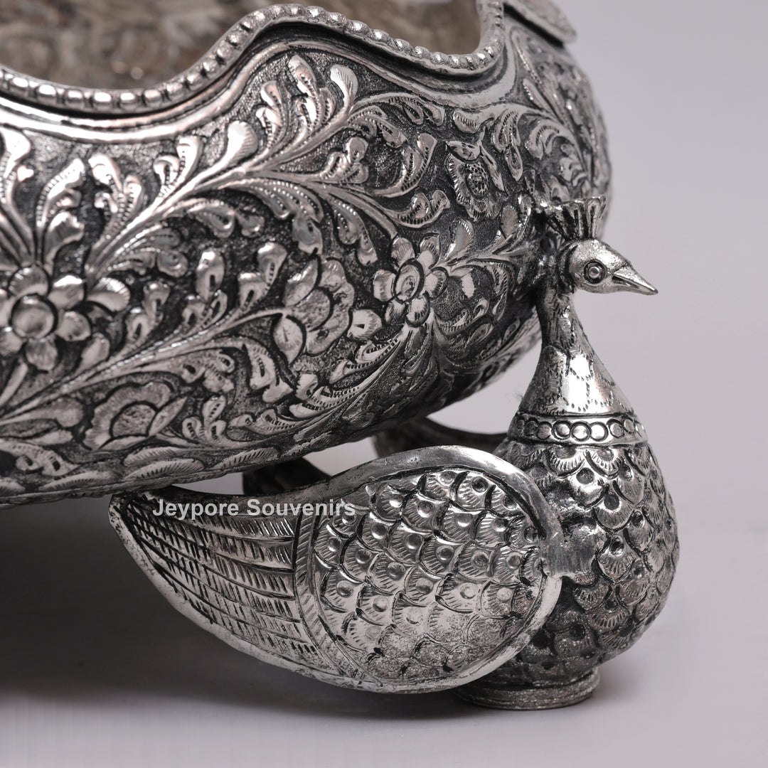 Antique Silver Finish Handcrafted German Silver Peacock Centerpiece Bowl | Luxury Decorative Fruit &amp; Floral Bowl