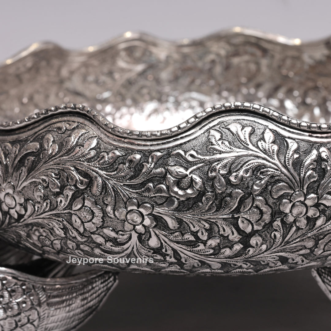 Antique Silver Finish Handcrafted German Silver Peacock Centerpiece Bowl | Luxury Decorative Fruit &amp; Floral Bowl