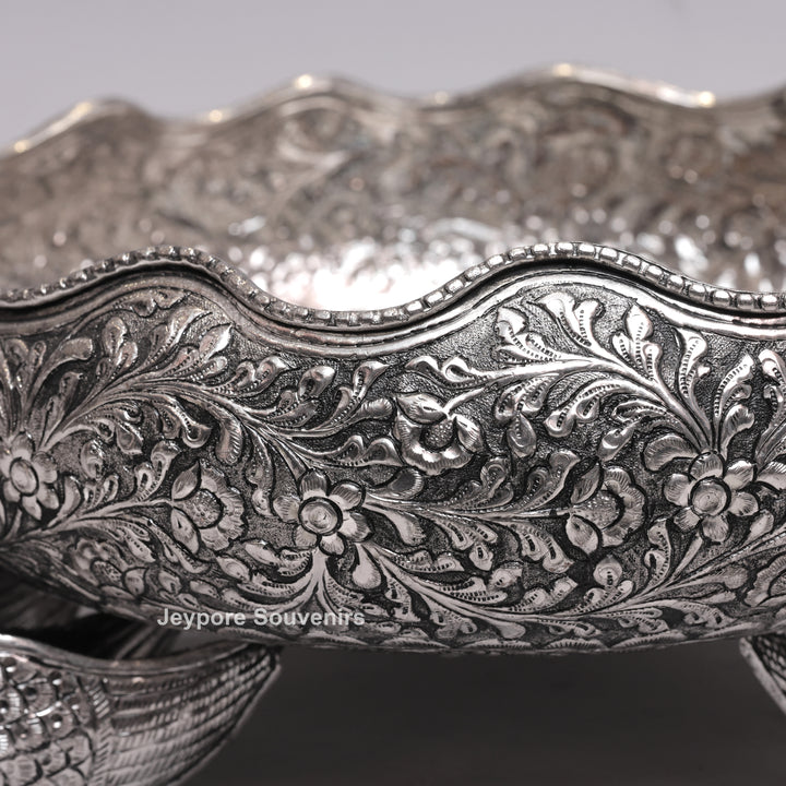 Antique Silver Finish Handcrafted German Silver Peacock Centerpiece Bowl | Luxury Decorative Fruit &amp; Floral Bowl