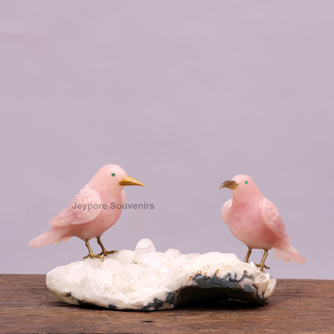 Pink Rose Quartz Bird Pair Sculpture On Crystal Base - Semi Precious