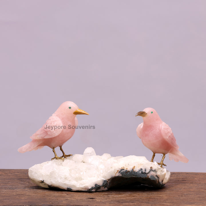 Pink Rose Quartz Bird Pair Sculpture On Crystal Base - Semi Precious