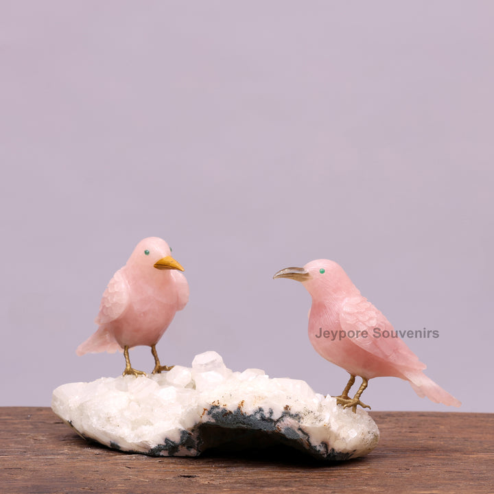 Pink Rose Quartz Bird Pair Sculpture On Crystal Base - Semi Precious