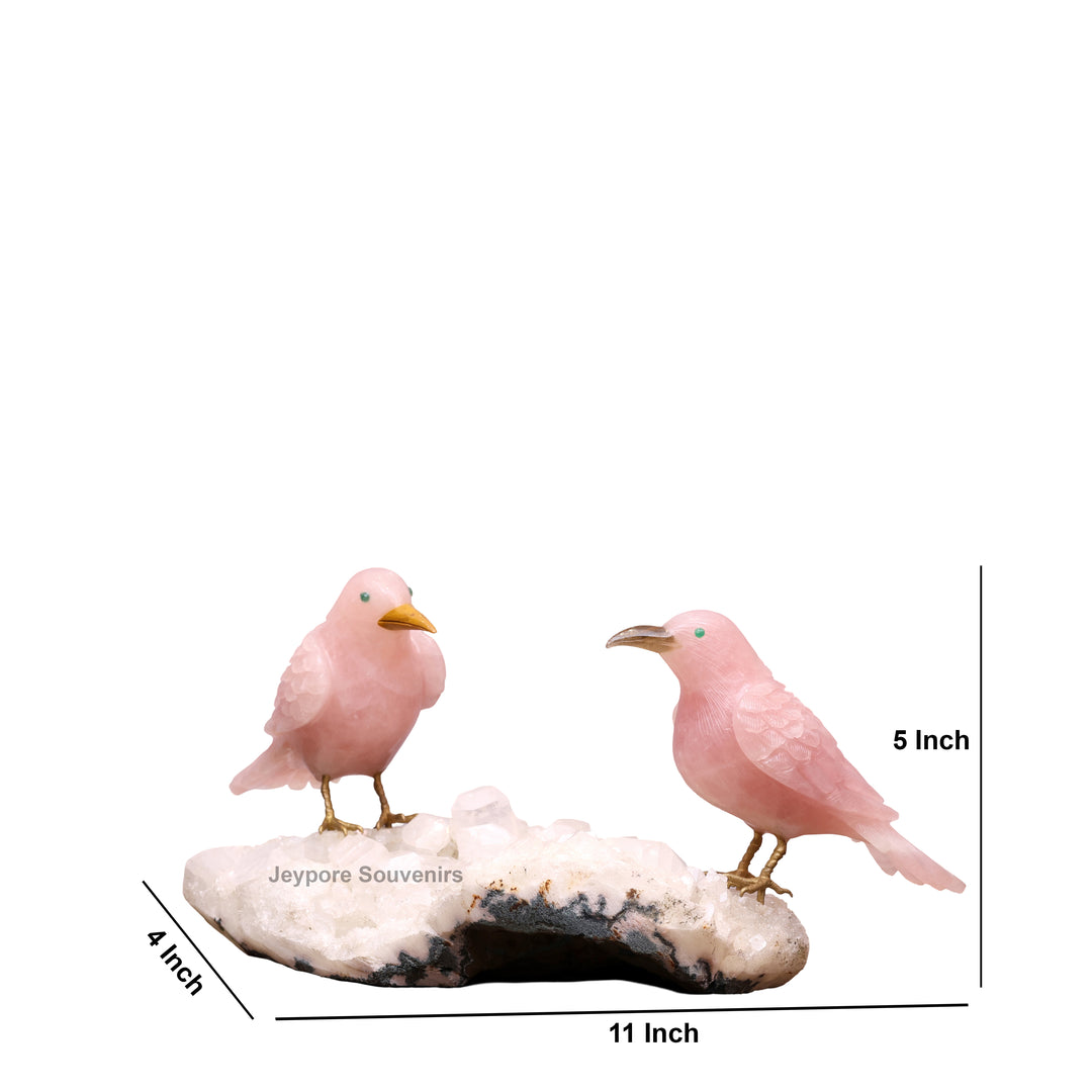 Pink Rose Quartz Bird Pair Sculpture On Crystal Base - Semi Precious