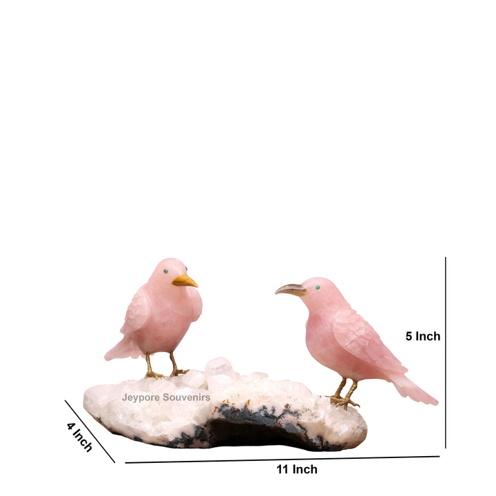 Pink Rose Quartz Bird Pair Sculpture On Crystal Base - Semi Precious