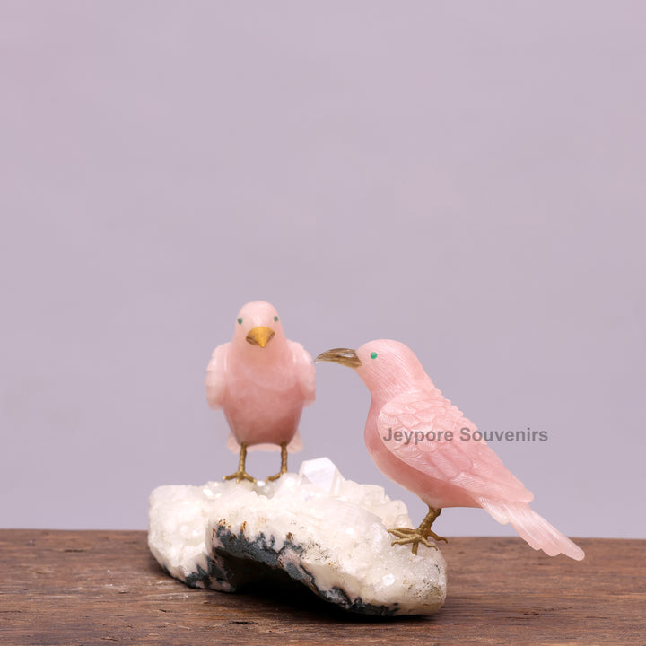 Pink Rose Quartz Bird Pair Sculpture On Crystal Base - Semi Precious