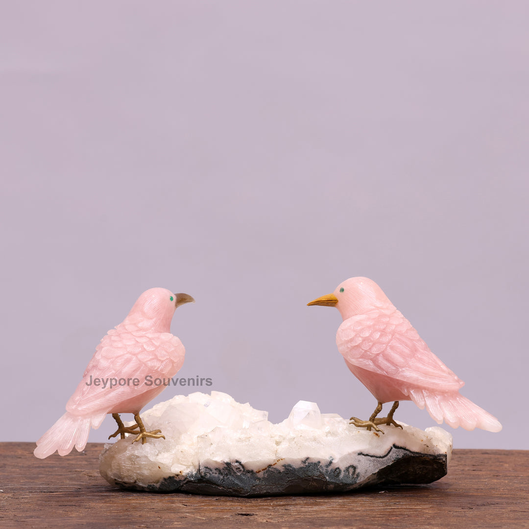 Pink Rose Quartz Bird Pair Sculpture On Crystal Base - Semi Precious