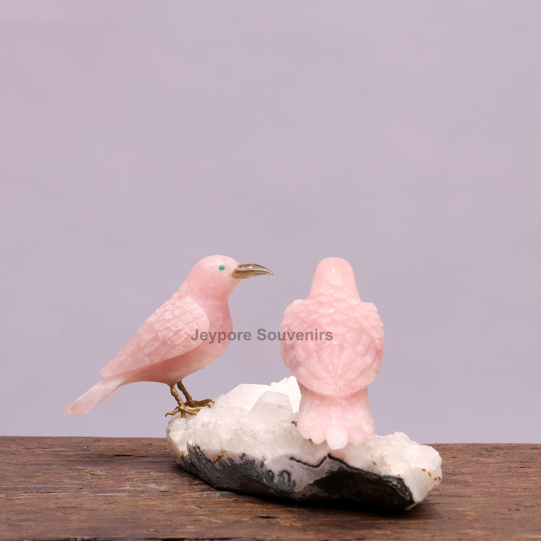 Pink Rose Quartz Bird Pair Sculpture On Crystal Base - Semi Precious