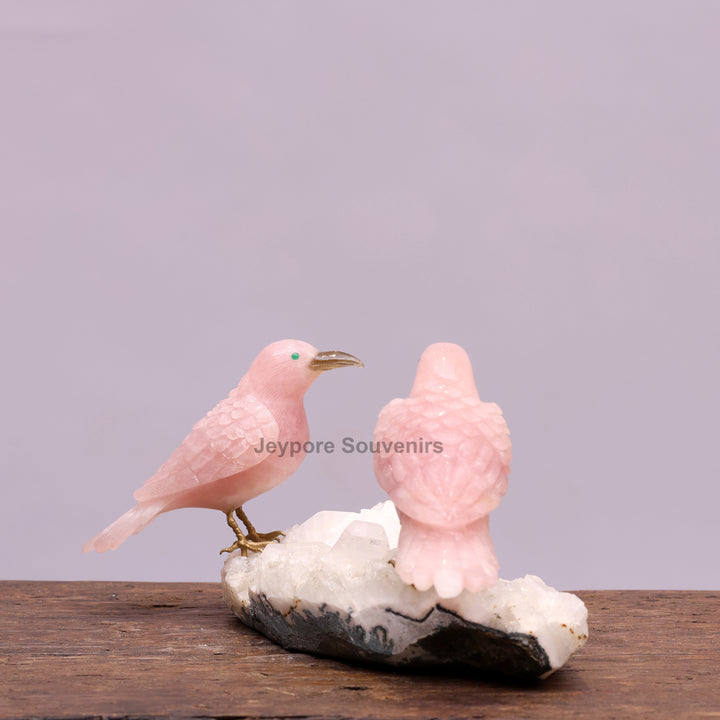 Pink Rose Quartz Bird Pair Sculpture On Crystal Base - Semi Precious
