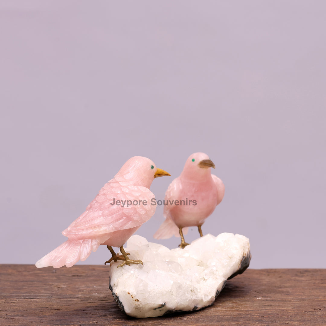 Pink Rose Quartz Bird Pair Sculpture On Crystal Base - Semi Precious