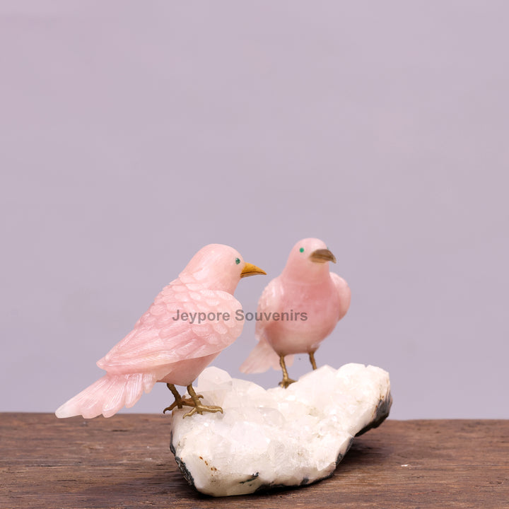 Pink Rose Quartz Bird Pair Sculpture On Crystal Base - Semi Precious