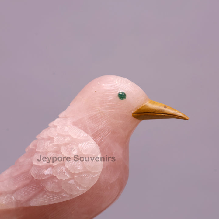 Pink Rose Quartz Bird Pair Sculpture On Crystal Base - Semi Precious