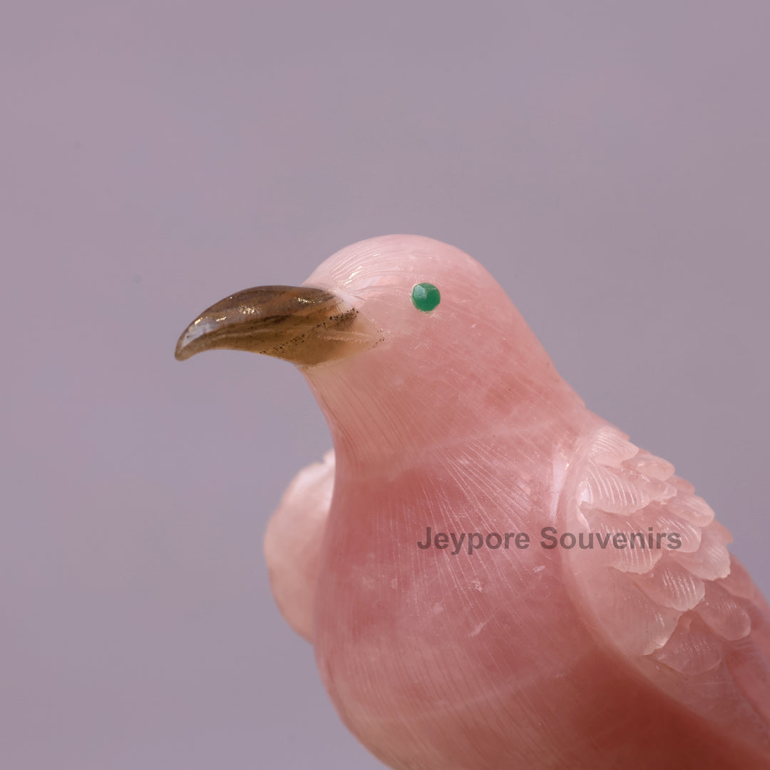 Pink Rose Quartz Bird Pair Sculpture On Crystal Base - Semi Precious
