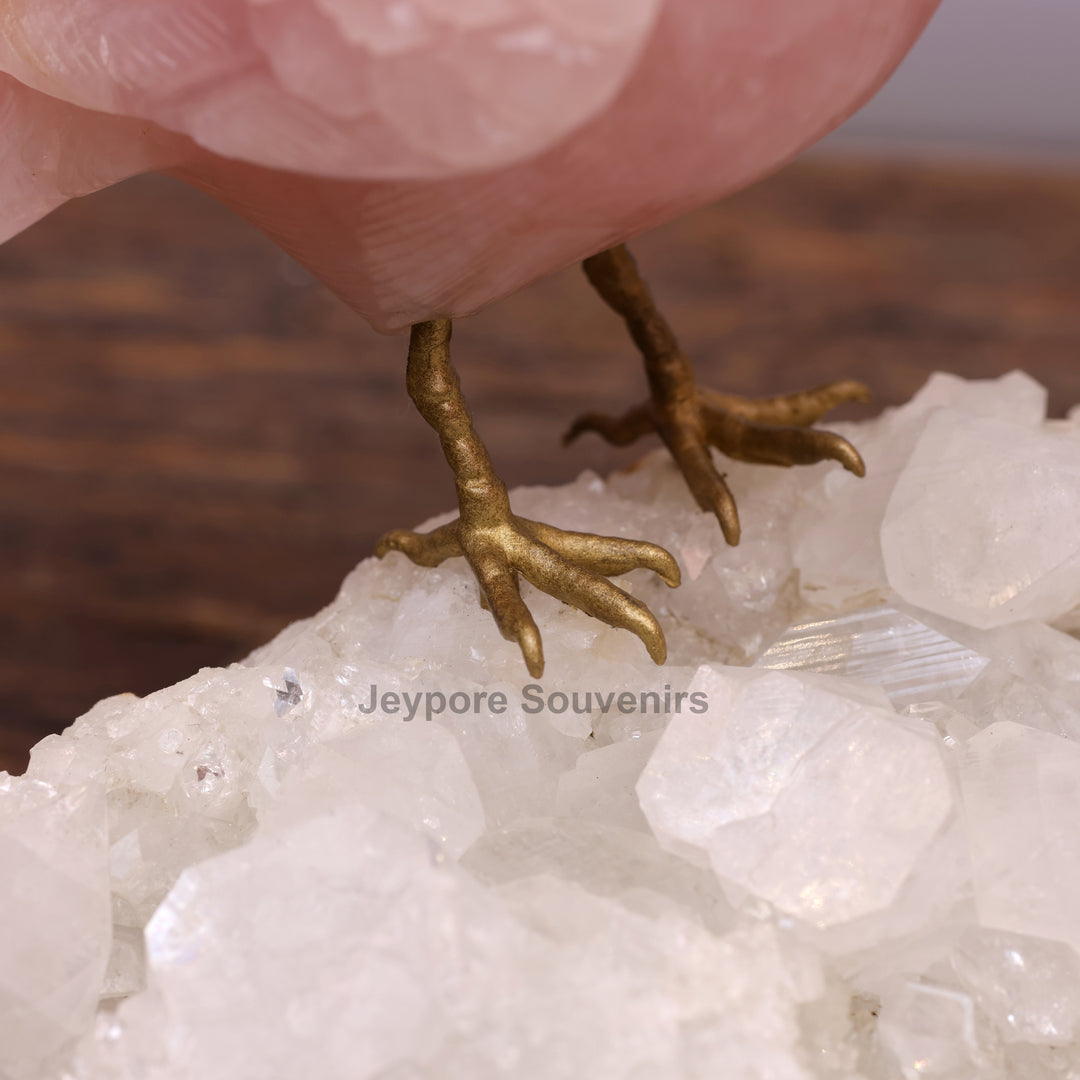 Pink Rose Quartz Bird Pair Sculpture On Crystal Base - Semi Precious