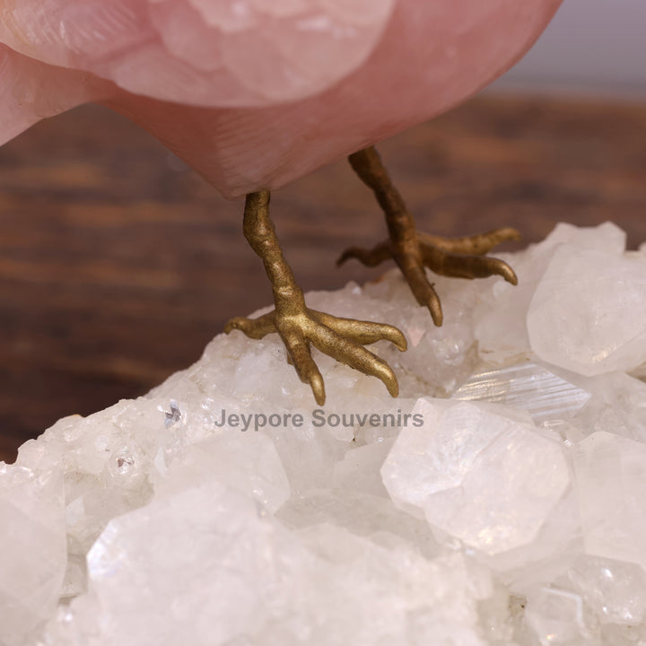 Pink Rose Quartz Bird Pair Sculpture On Crystal Base - Semi Precious