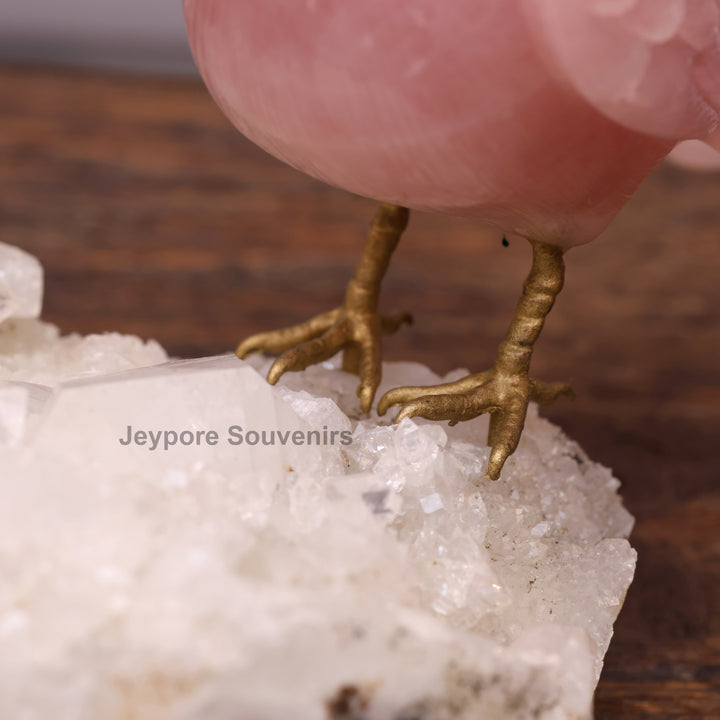 Pink Rose Quartz Bird Pair Sculpture On Crystal Base - Semi Precious