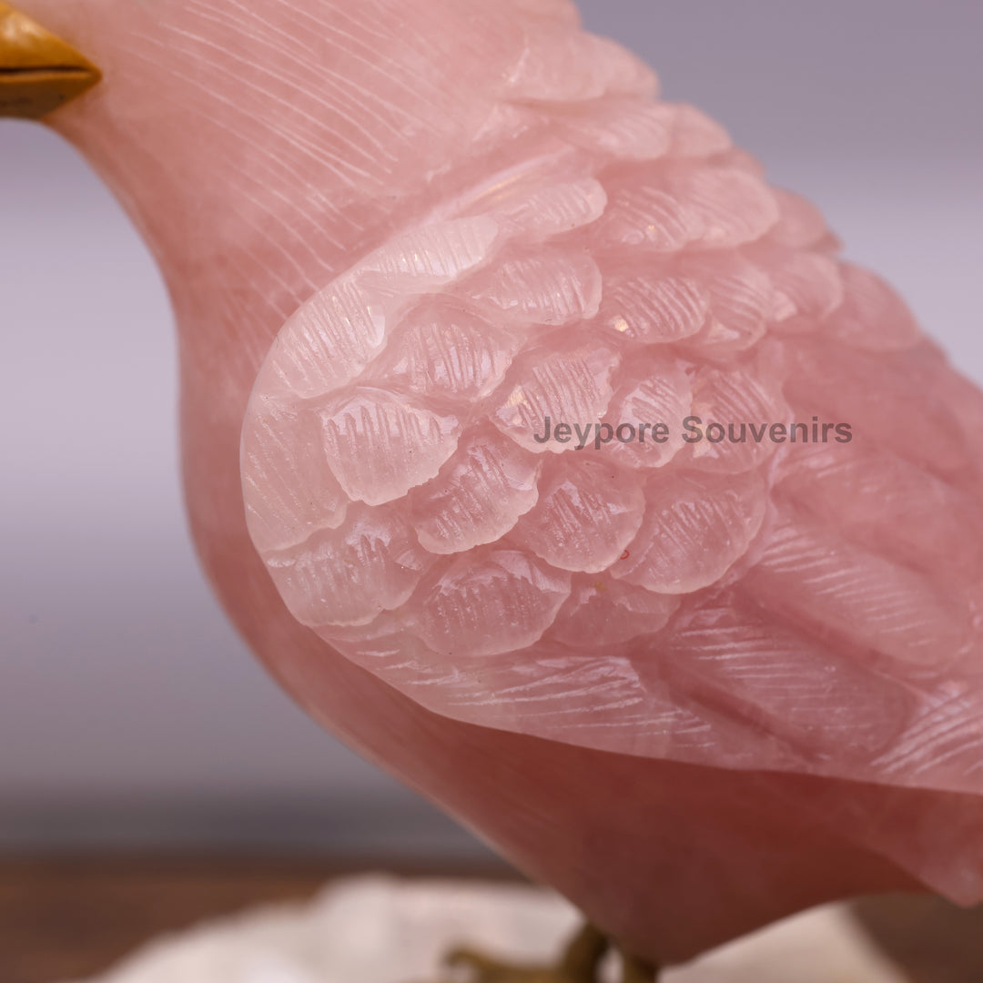 Pink Rose Quartz Bird Pair Sculpture On Crystal Base - Semi Precious