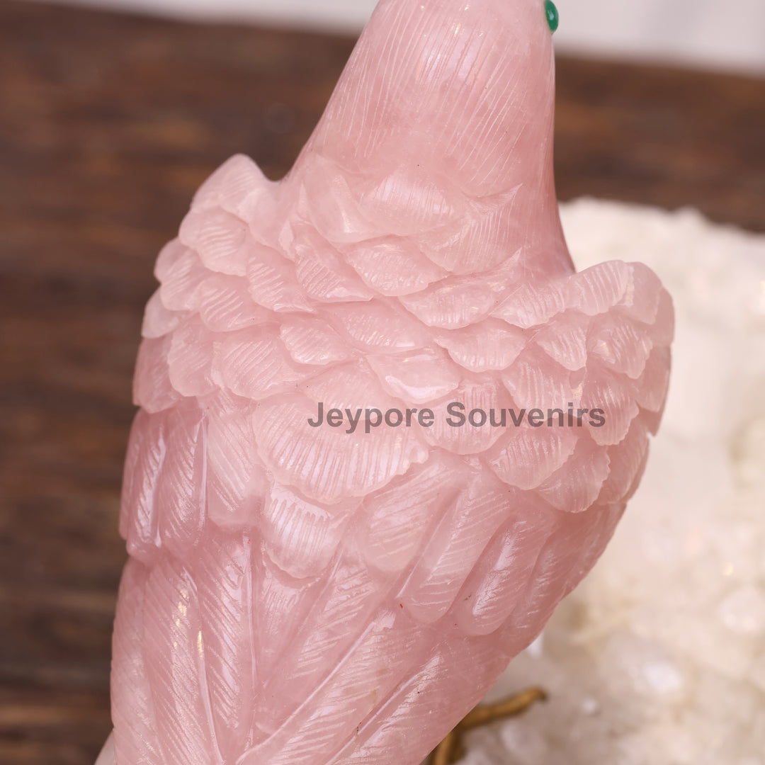 Pink Rose Quartz Bird Pair Sculpture On Crystal Base - Semi Precious