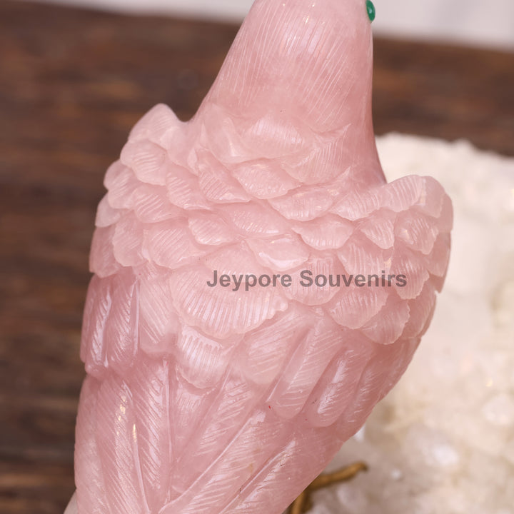 Pink Rose Quartz Bird Pair Sculpture On Crystal Base - Semi Precious