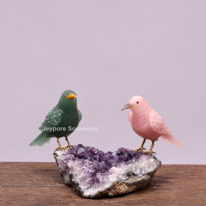 Green Aventurine and Rose Quartz Bird Pair on Amethyst Base