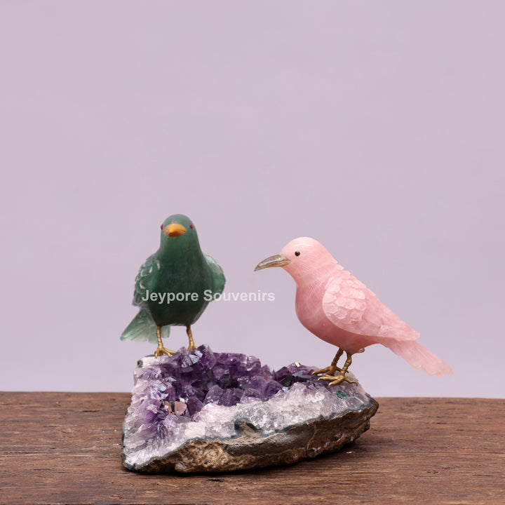 Green Aventurine and Rose Quartz Bird Pair on Amethyst Base