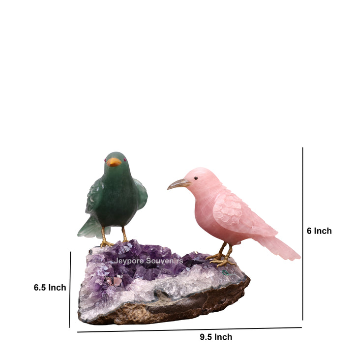 Green Aventurine and Rose Quartz Bird Pair on Amethyst Base