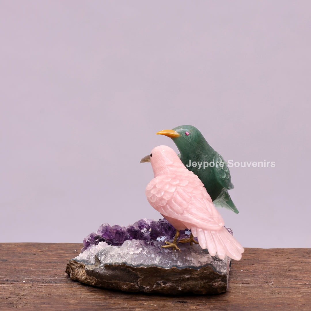 Green Aventurine and Rose Quartz Bird Pair on Amethyst Base