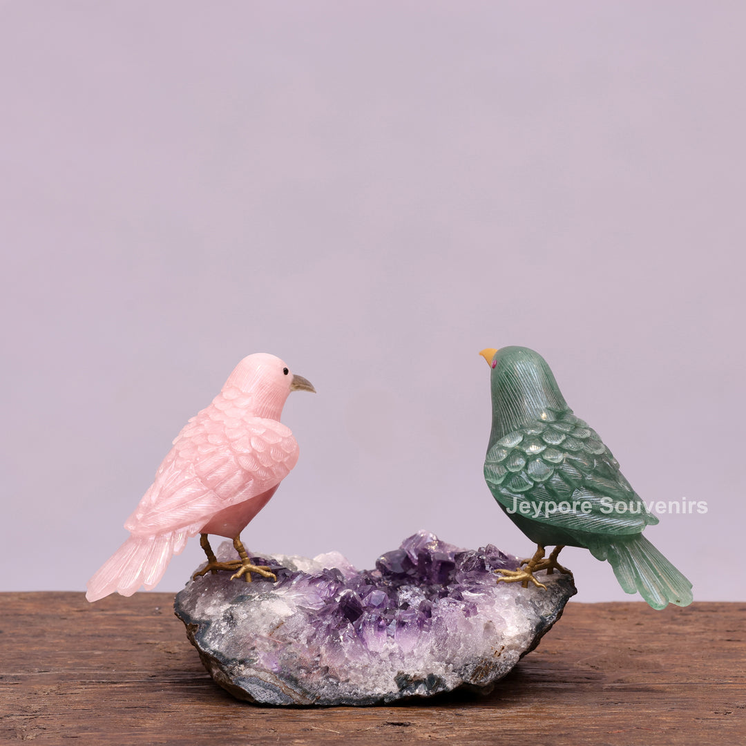 Green Aventurine and Rose Quartz Bird Pair on Amethyst Base