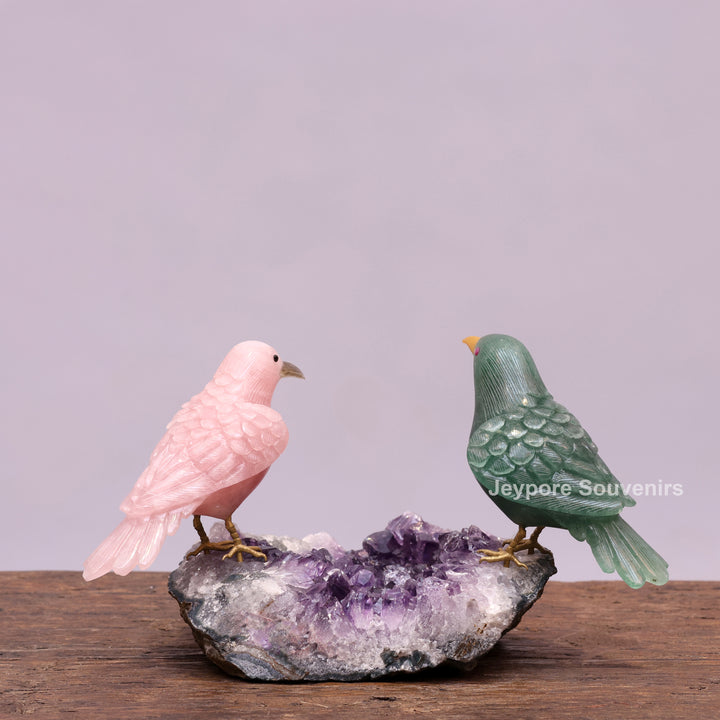Green Aventurine and Rose Quartz Bird Pair on Amethyst Base
