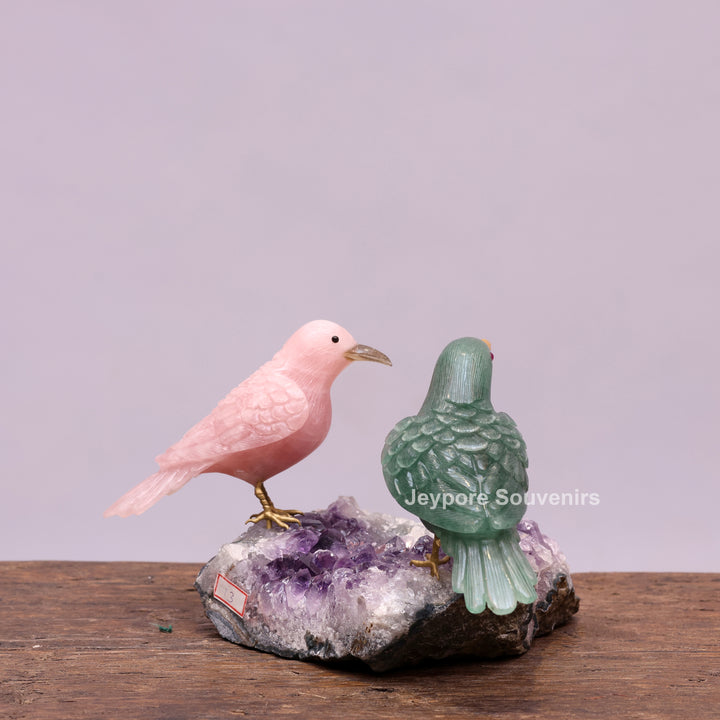 Green Aventurine and Rose Quartz Bird Pair on Amethyst Base
