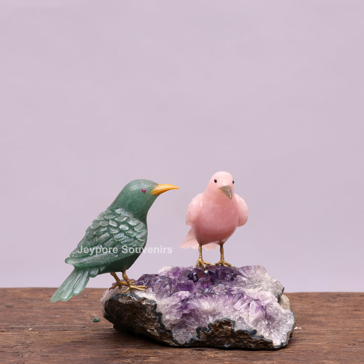 Green Aventurine and Rose Quartz Bird Pair on Amethyst Base