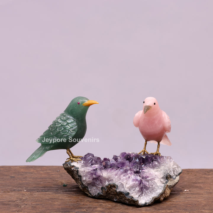 Green Aventurine and Rose Quartz Bird Pair on Amethyst Base