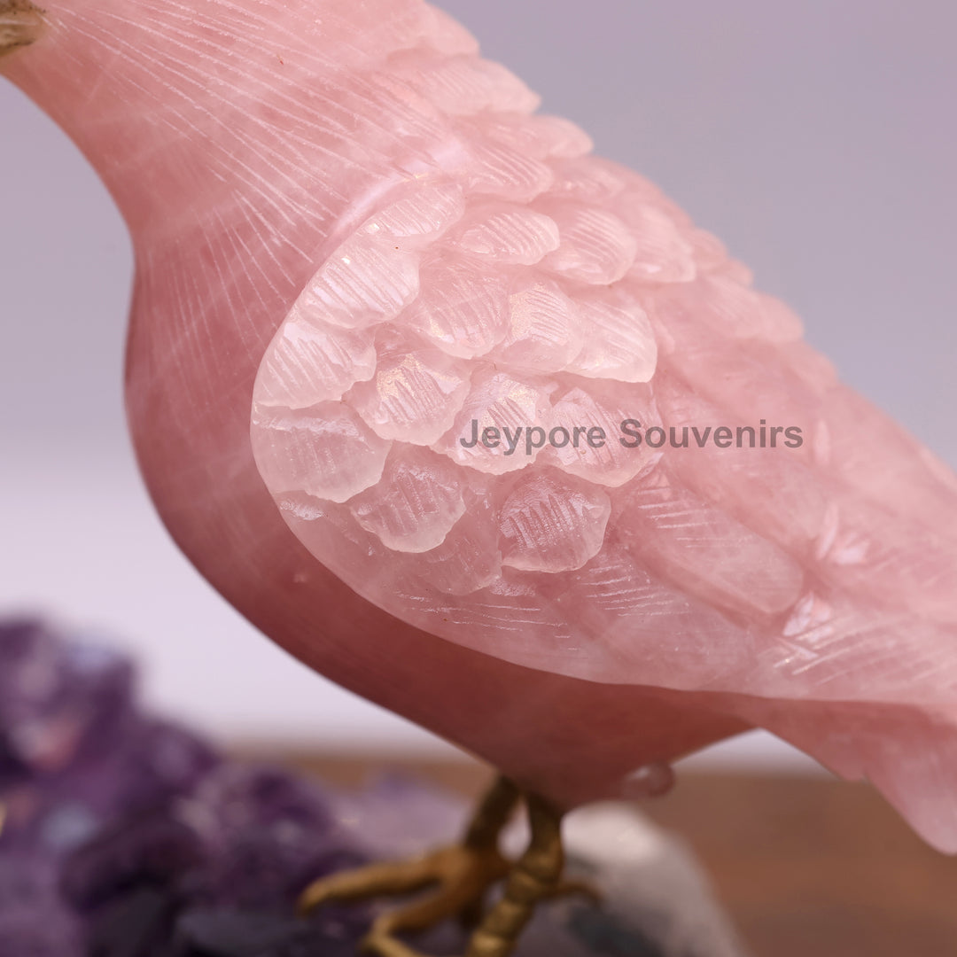 Green Aventurine and Rose Quartz Bird Pair on Amethyst Base