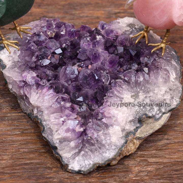 Green Aventurine and Rose Quartz Bird Pair on Amethyst Base