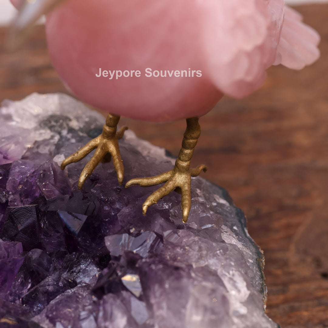 Green Aventurine and Rose Quartz Bird Pair on Amethyst Base