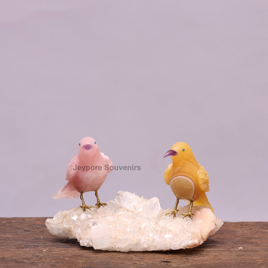Rose Quartz &amp; Yellow Aventurine Bird Pair on White Crystal Base