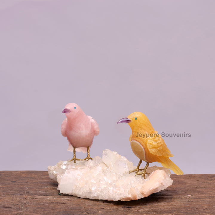 Rose Quartz &amp; Yellow Aventurine Bird Pair on White Crystal Base