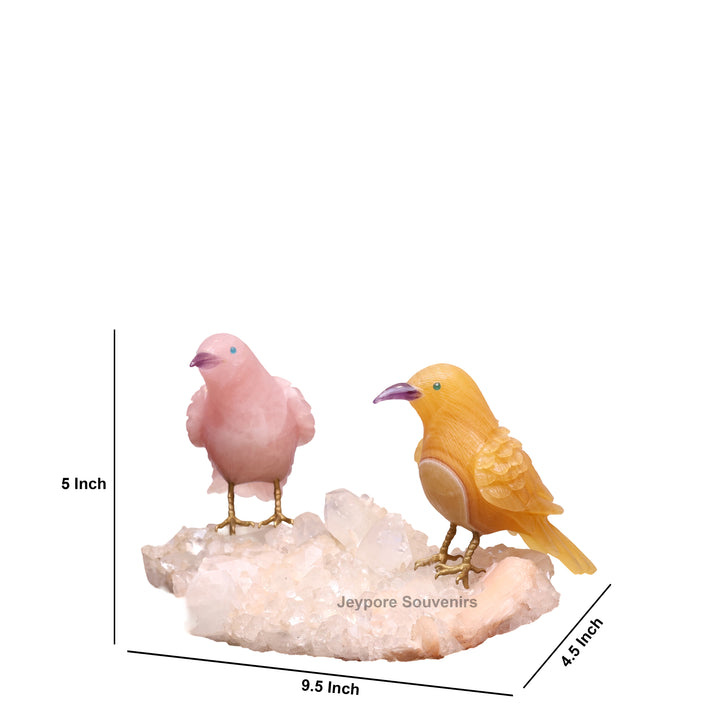 Rose Quartz &amp; Yellow Aventurine Bird Pair on White Crystal Base
