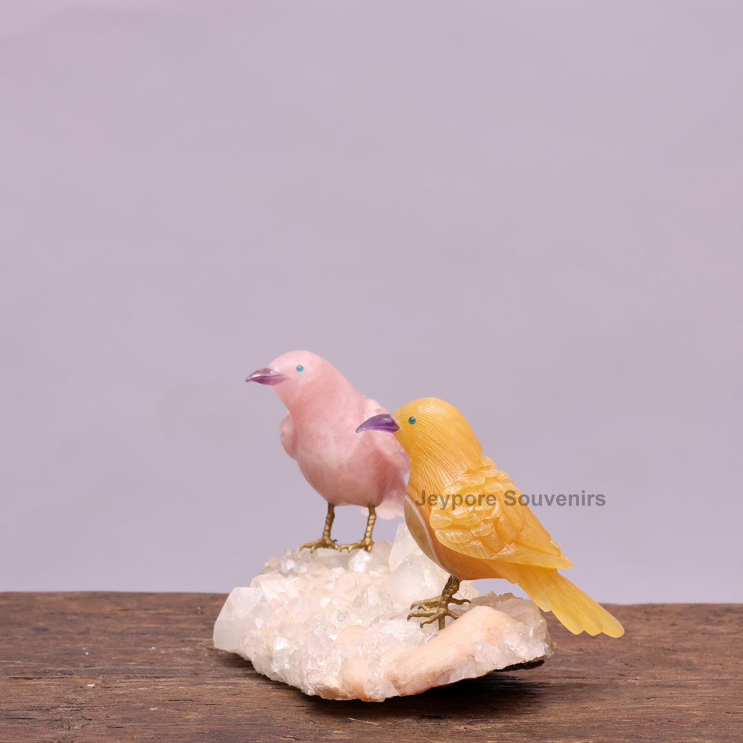 Rose Quartz &amp; Yellow Aventurine Bird Pair on White Crystal Base