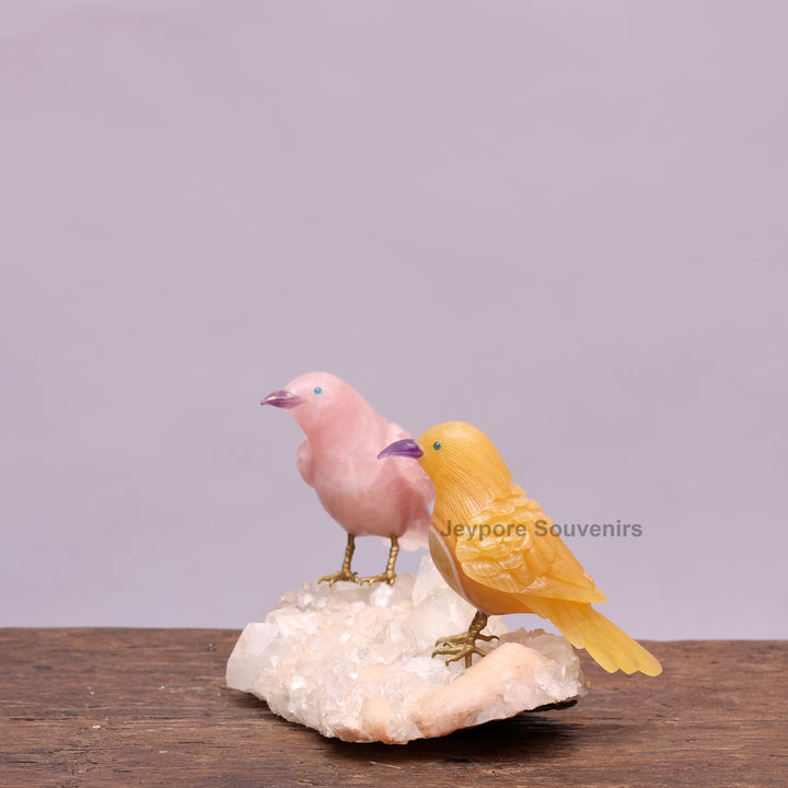 Rose Quartz &amp; Yellow Aventurine Bird Pair on White Crystal Base