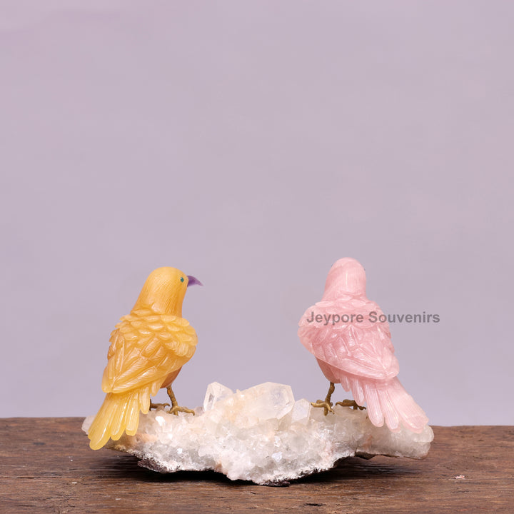 Rose Quartz &amp; Yellow Aventurine Bird Pair on White Crystal Base
