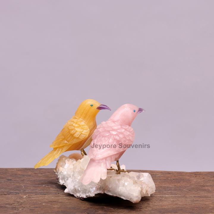 Rose Quartz &amp; Yellow Aventurine Bird Pair on White Crystal Base