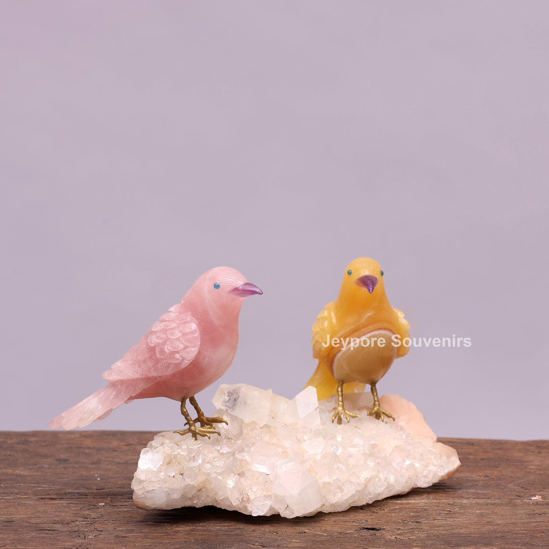 Rose Quartz &amp; Yellow Aventurine Bird Pair on White Crystal Base