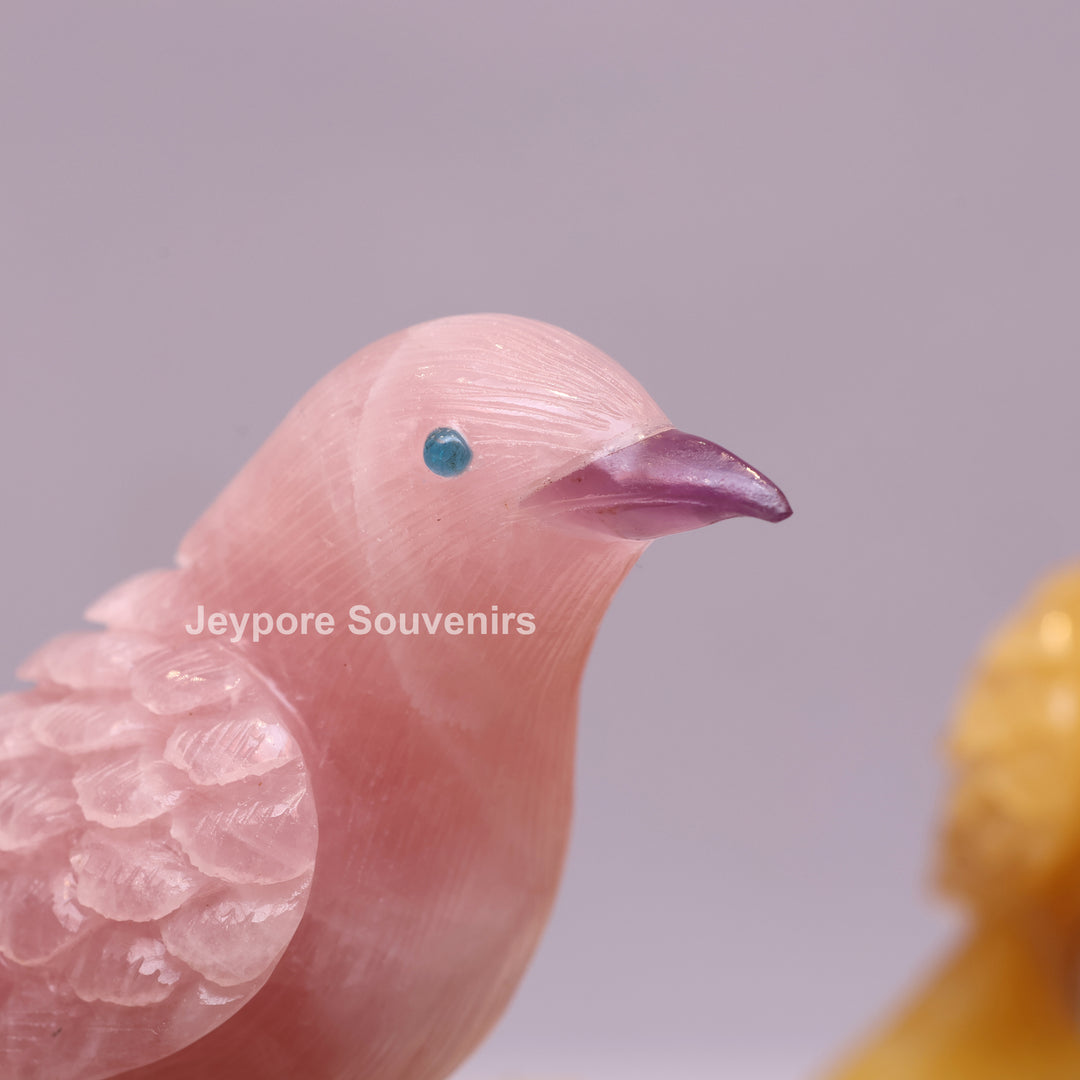 Rose Quartz &amp; Yellow Aventurine Bird Pair on White Crystal Base