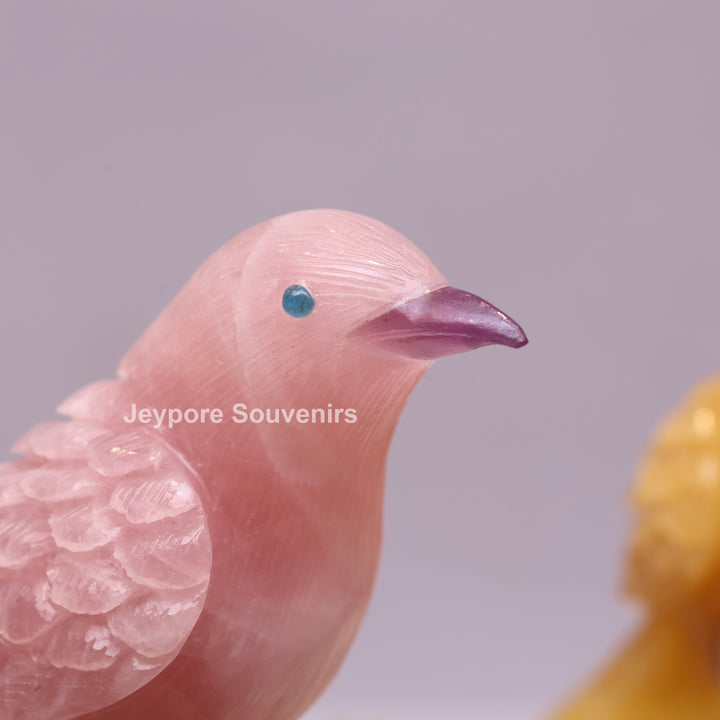 Rose Quartz &amp; Yellow Aventurine Bird Pair on White Crystal Base